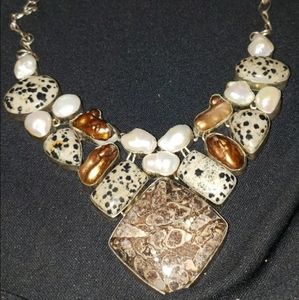 CHUNKY Lace Agate, Pearl Sterling Silver Necklace